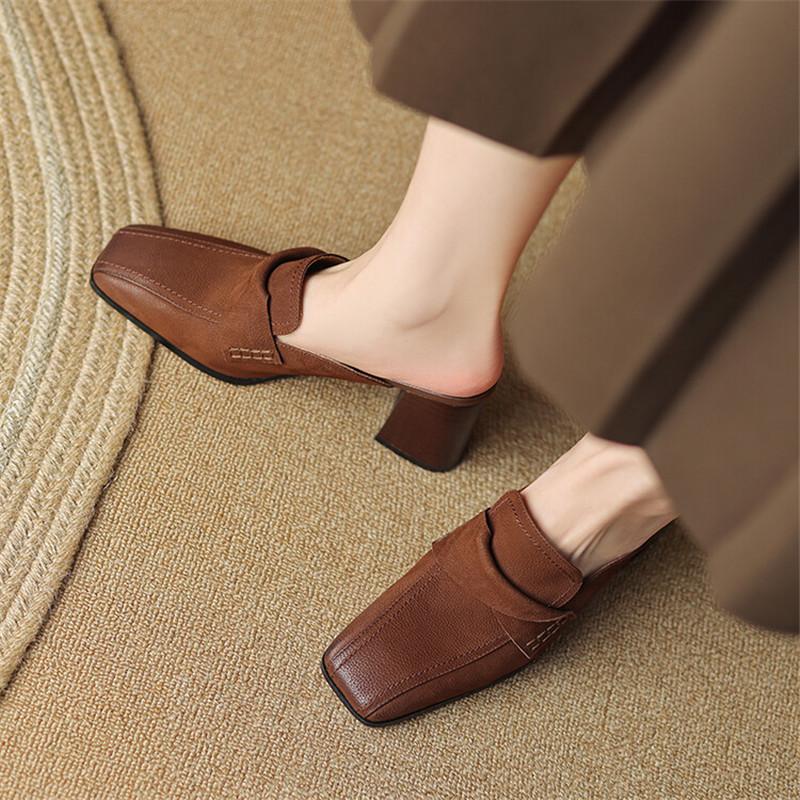 Fashion 2025 Summer Women Shoes Genuine Leather Shoes Women Simple Retro Women Slippers Chunky Heel Shoes Square Toe Slippers Mules
