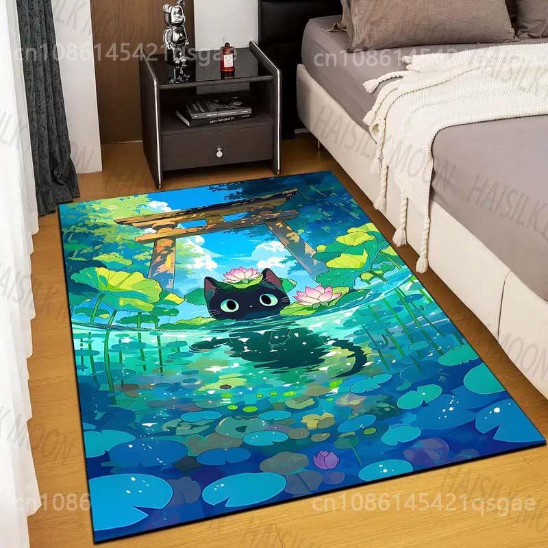 Multiple sizes Black cat pond lotus morning Print Carpet Rug for Living Room Bedroom Sofa Doormat Home Decor Non-slip Floor Mat