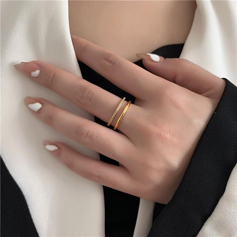 Korean-Style Gold-Plated Double Layer Micro-Paved Diamond Couple Rings for Index Finger - Simple and Fashionable