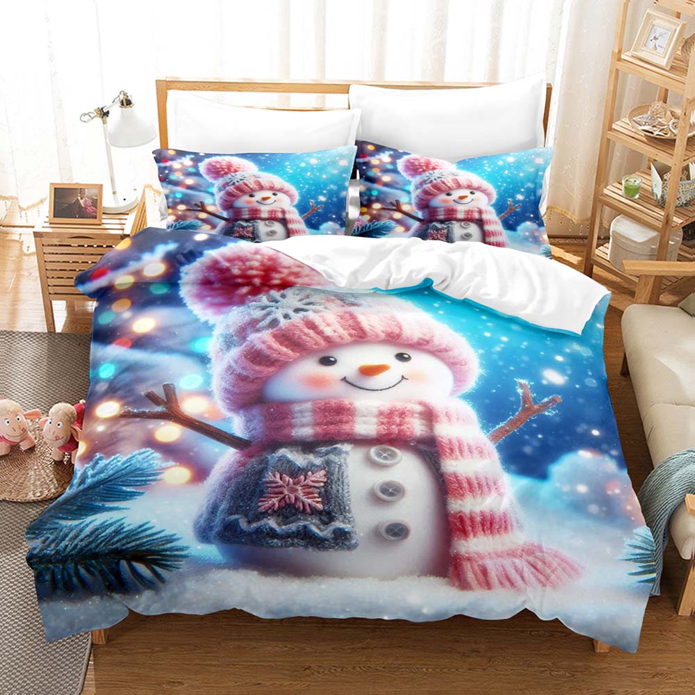 Kawaii Santa Snowman Three Piece Bedding Set Luxury Comforter Set with Queen King Size Including Household Goods Anime Cartoon C