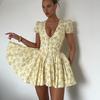 Nuevo Vestido Mini Corsé Estilo Francés para Mujer Escote en V Profundo Mangas Abullonadas Falda Línea A con Elegante Estampado Floral Opciones de Color Sólido para Citas de Brunch Fiestas