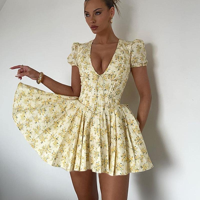 Nuevo Vestido Mini Corsé Estilo Francés para Mujer Escote en V Profundo Mangas Abullonadas Falda Línea A con Elegante Estampado Floral Opciones de Color Sólido para Citas de Brunch Fiestas