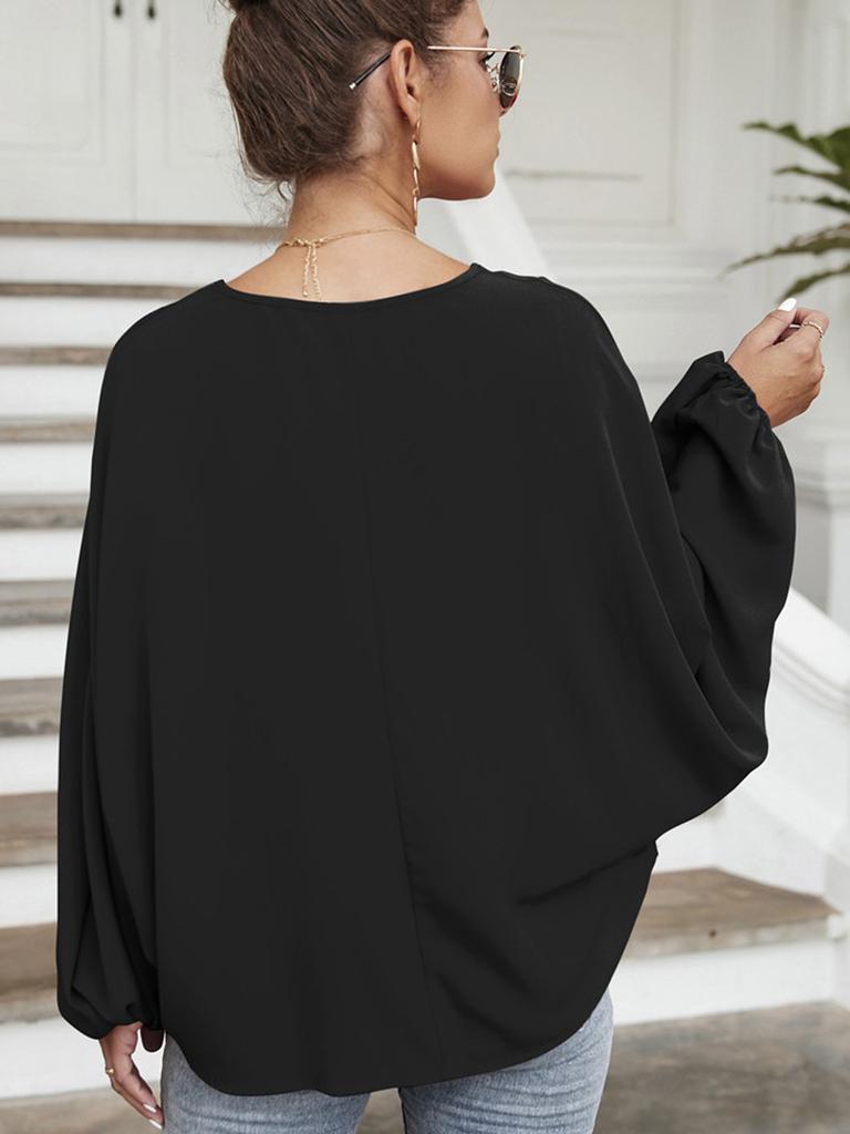 Damen-Bluse mit Fledermausärmeln, gebundener O-Ausschnitt, lockere Hemden