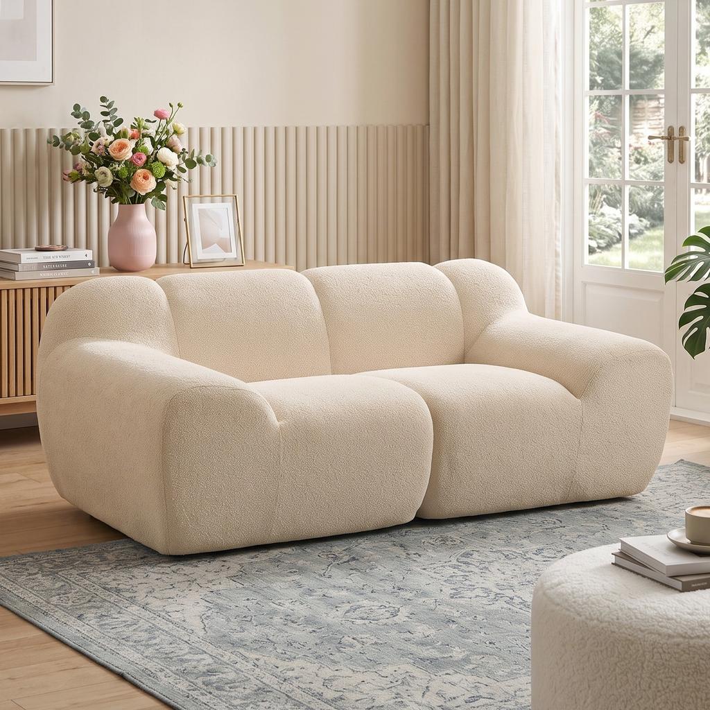 Two-Seater Chenille Sofa, 174 cm, Padded Seat and Armrests, Beige