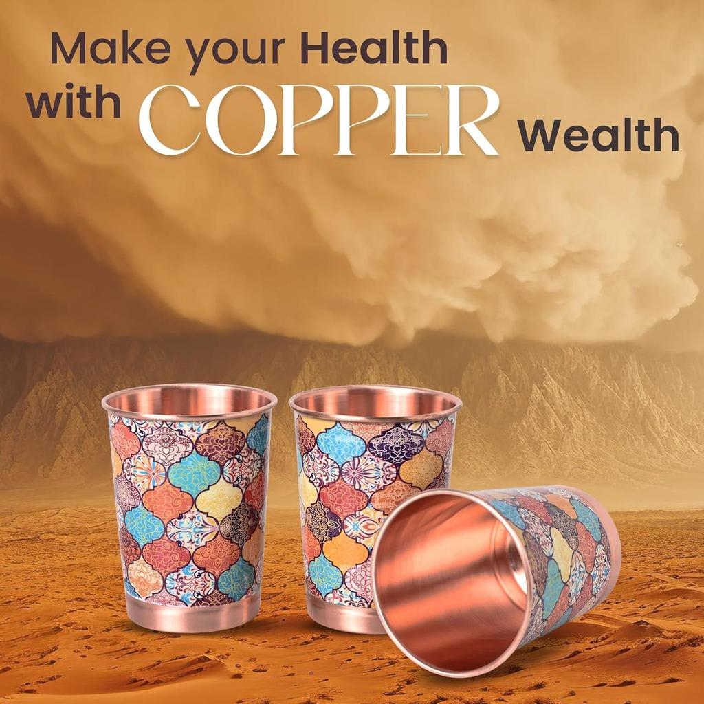 Copper Printed Design 250ML Water Glass with Rust Proof for Home and Office Use Ayurveda and Yoga Health Benefits Glass Set of 6 (Hexagon)