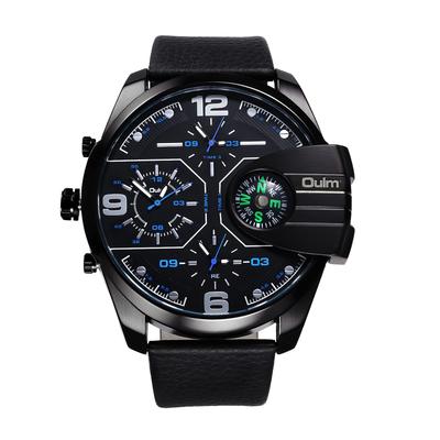 Men's Waterproof Sports Watch with Leather Strap: Analog Display, 3-Zone Time Zones, Large Dial, Compass Decor, Quartz Movement, Leisure, Business,