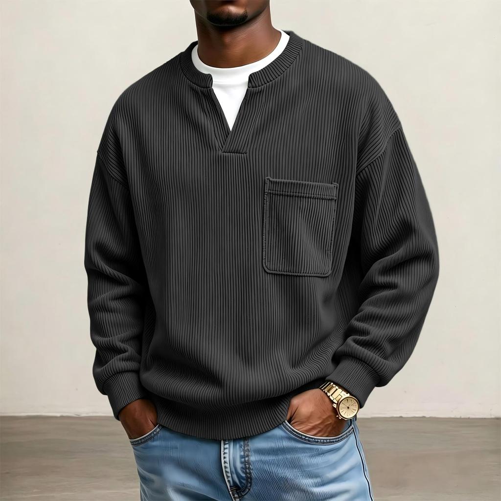 Sweatshirt en velours côtelé à col en V avec poche pour homme, pour un style décontracté de tous les jours