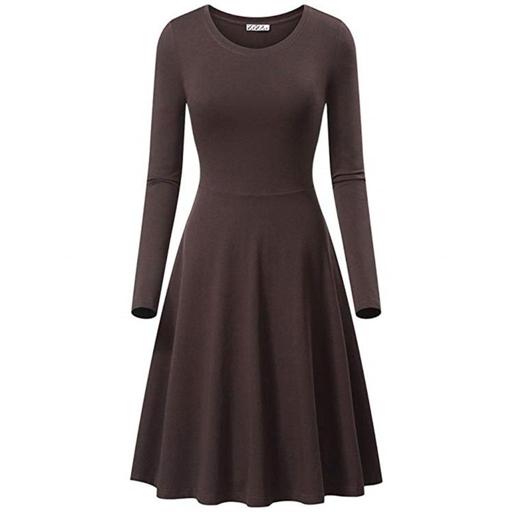 Women's Casual Round Neck Solid Color Long Sleeved Dress Fashionable Dress Dress