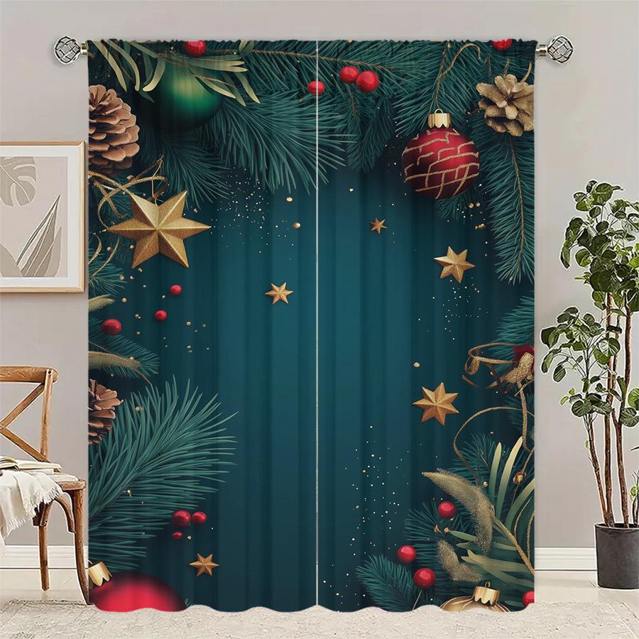 

Christmas pine bulb printed curtains pole bag curtains Christmas decorations home decorations room decorations 100*130 Grommet Top 1pcs