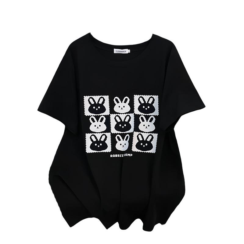 Women's Plus Size Loose Slimming Mid-Length Round Neck T-Shirt, Short-Sleeved, Fits Up to 350 Jin