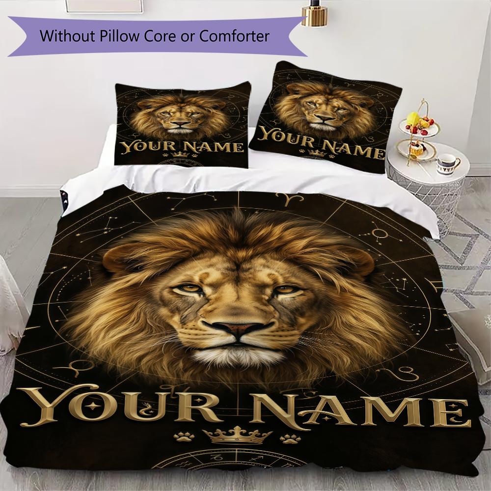 Custom Name Royal Lion Majesty Bedding,Quilt Set Quilt Cover Pillowcase Home Birthday Gift(1 * Duvet Cover + 2 * Pillowcase, Without Core)_lx