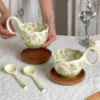 Tasse en Céramique Tasse Accord avec Cuillère Tasse Petit Déjeuner Bol à Avoine Lait Chauffé Floraison Muguet Tasse à Café Assiette
