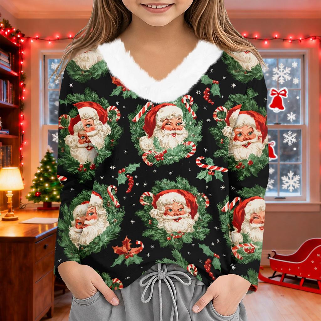 Girls' Winter V-Neck Christmas Print Base Layer Top