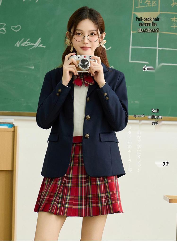 JK Uniform Three-Button School Blazer & Pleated Skirt Set