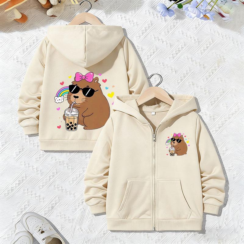 Fashion Capybara Printed Zip Up Hoodie Jacket for Boys Girls Zipper Spring and Autumn Trendy Animal Cartoon Sweatshirts