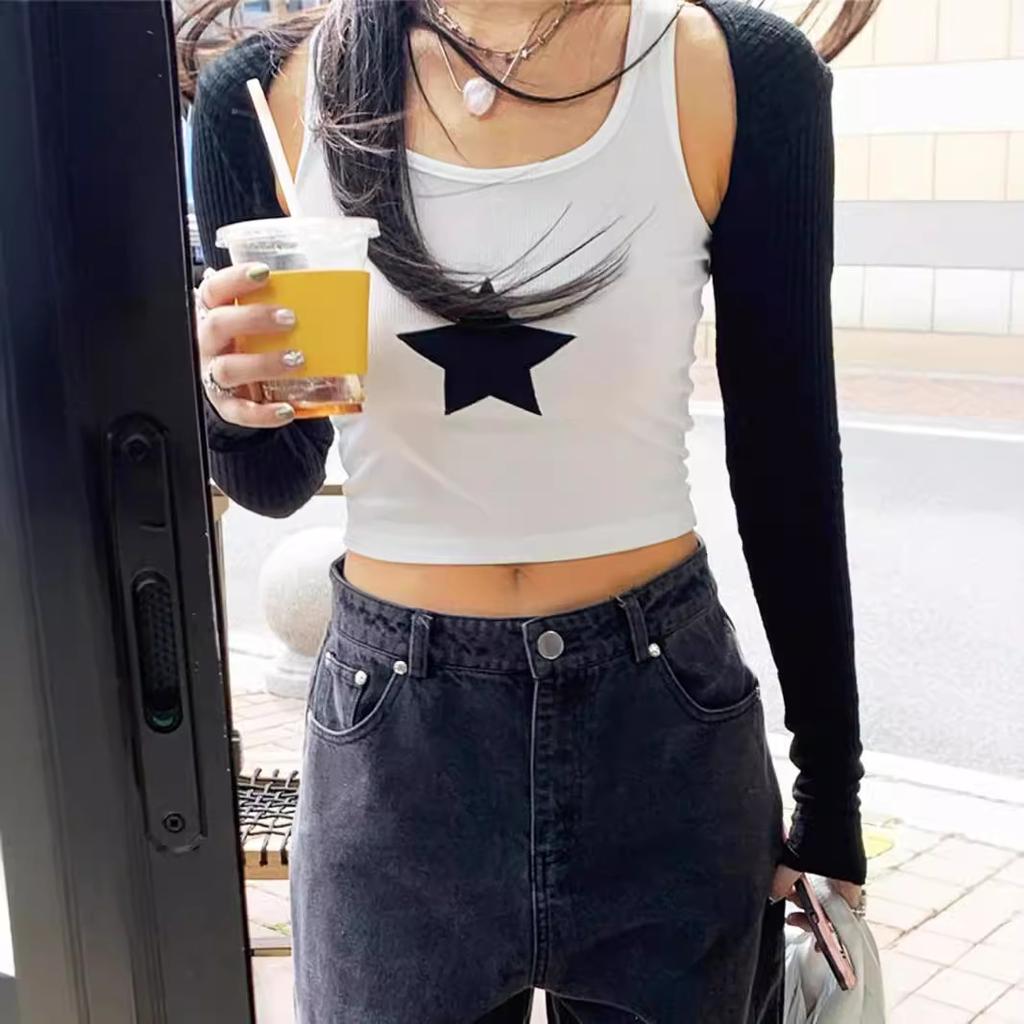 Summer new embroidered star printing round neck sleeveless backless European and American women's I-shaped top vest