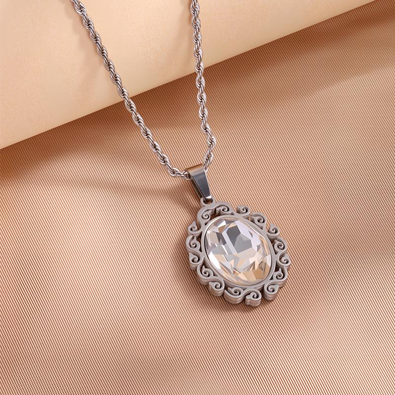 European & American Fashion Exquisite Titanium Steel Necklace with Colorful Zircon & Geometric Pendant for Women