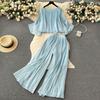 New Women Causal Chiffon Two Piece Set Spring Summer Loose Oversized Shirt Top High Waist Straight Leg Pants Pleated Suits