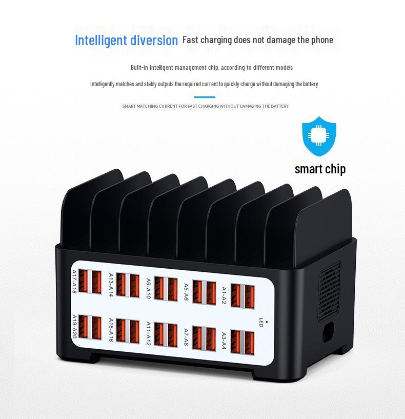 20-Port USB Charger with Stand Divider, 5V 2A Power Strip for Phones