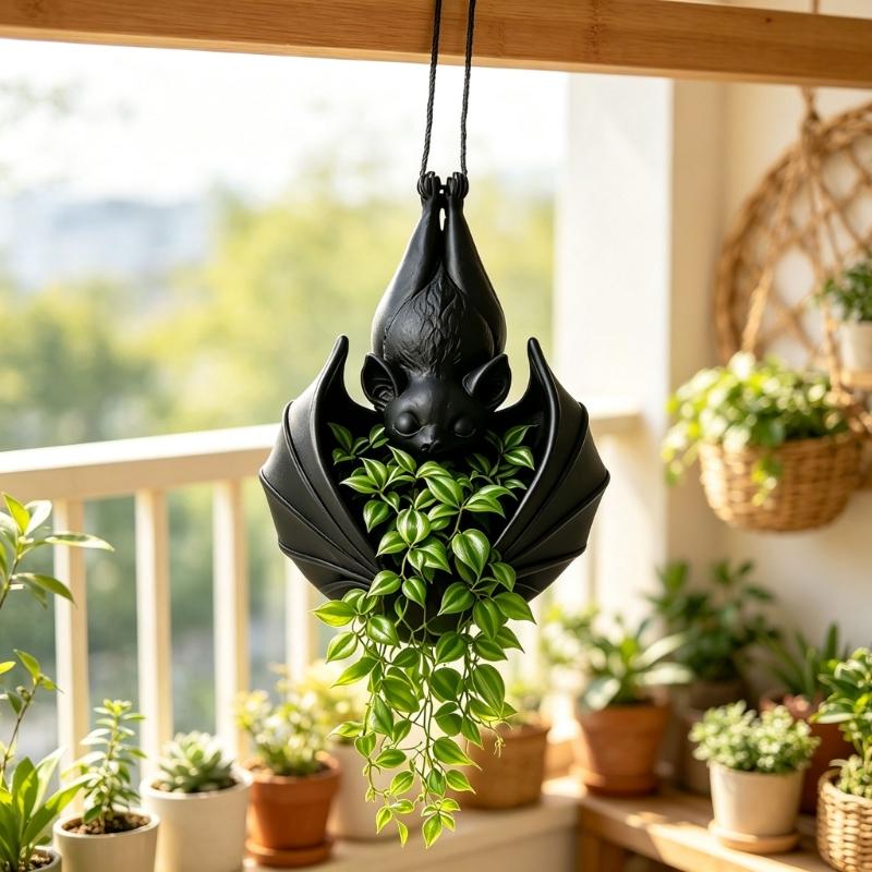 Bat Flower Pot With Hanging Cord, Bat Shape Plant Holder for Small Foliage and Trailing Foliage, Indoor Porch or Balcony Home Accent for Room Use