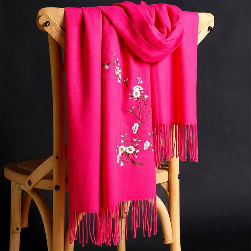 Lamaxpa 2018  Winter Warm Solid Scarf For Women/Lady  Soft Wool Pashmina Shawls Flower Embroidery Cashmere Female Wraps Capes