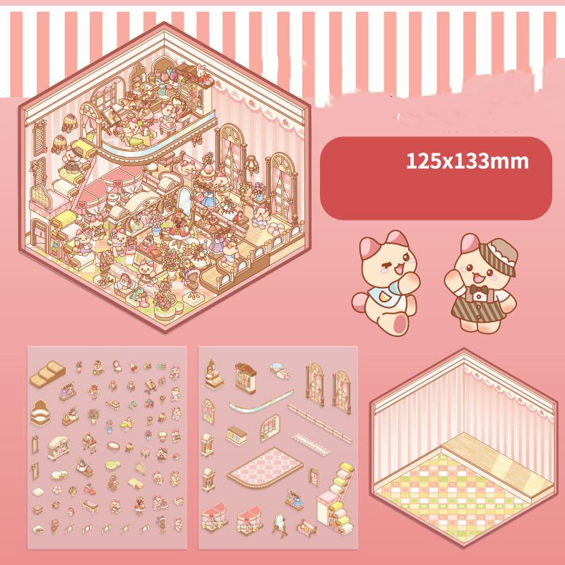 Cartoon Food Street Landscape Sticker Cabin Scene DIY Toy Game Sticker Festival Birthday Gift for Kids Girls and Children