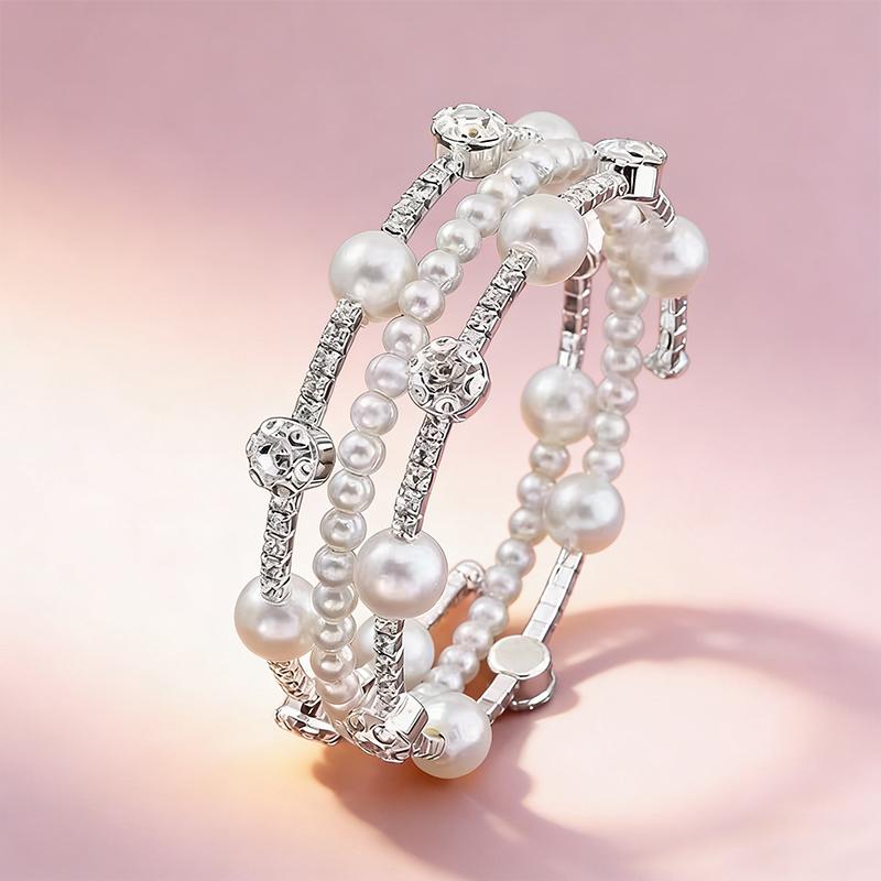 Multiple Shining Rhinestone Crystal Bracelet Pearl Cubic Zirconia Hand Wrist Bracelet Women Wedding Jewelry