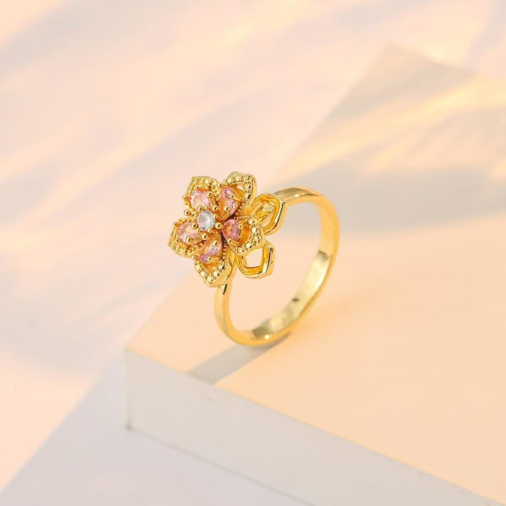 New Luxury Multicolor Flower Zircon Inlay Design Necklace Rotating Ring Set for Women Exquisite Stainless Steel Jewelry Gift