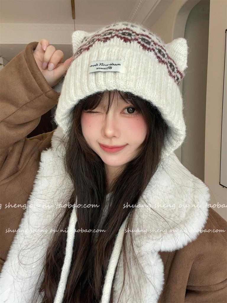 Cute Cat Ears Fleece Knitted Hat Women'S Autumn And Winter Thickened Warm Ear Protection Lei Feng Hat Shows Small Wool Hat