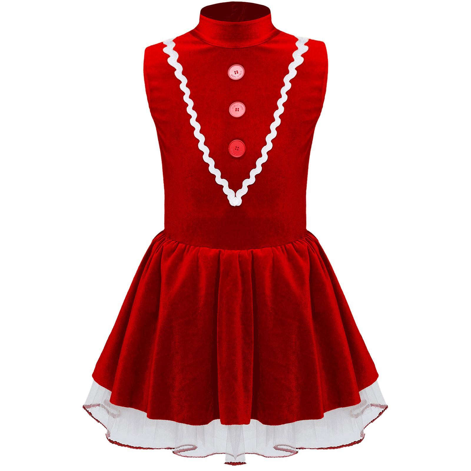 

Girls Gingerbread Man Costume Christmas Velvet Tutu Dress Sleeveless Hollow Back Dance Leotard Jumpsuit 5-6 Years