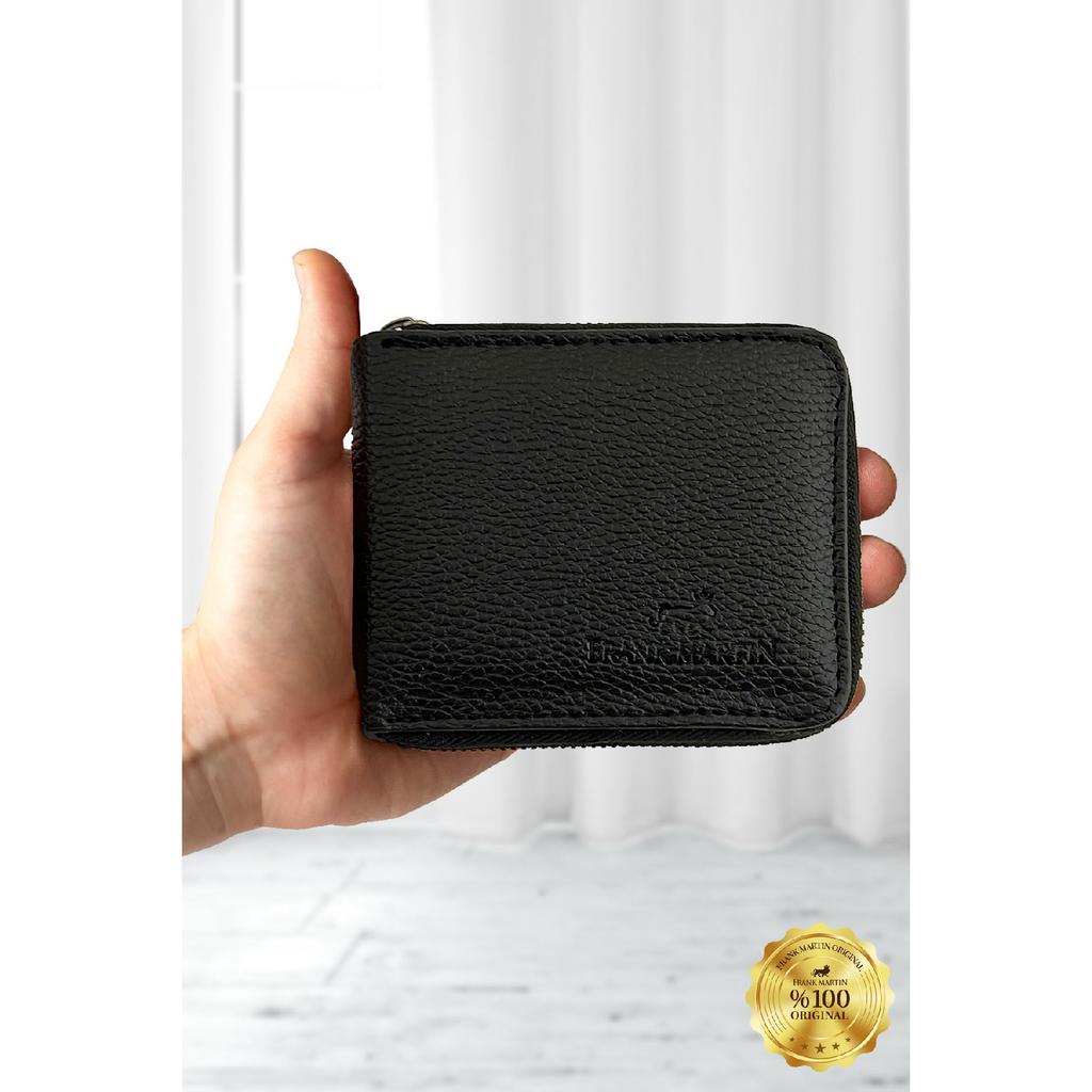 Stilvolles schwarzes Kartenetui aus Leder mit originellem Geldfach mit Reißverschluss und Geschenkbox