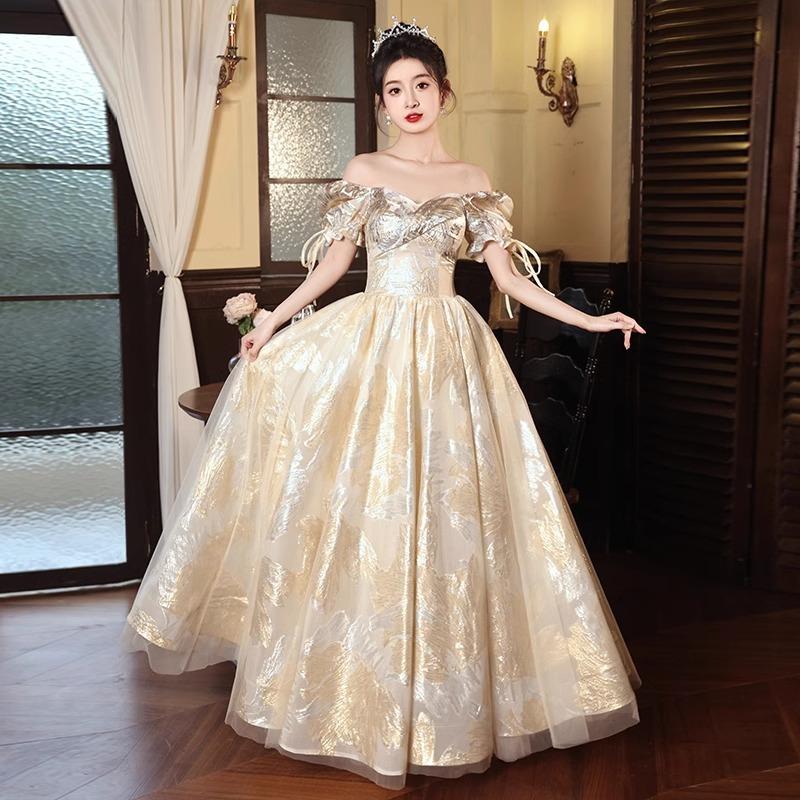 One-word shoulder champagne evening dress, high-end 1011 new engagement toast dress, presiding over the art exam graduation long