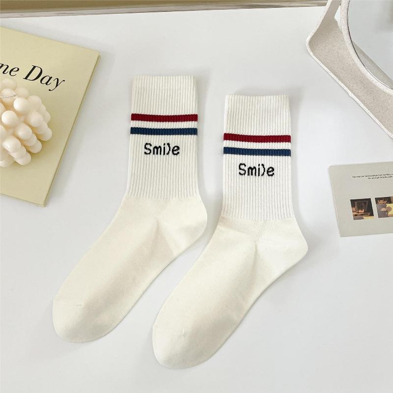 Striped Socks, Women's Mid-calf High-top Socks, Versatile, Simple, Sporty, School Style, Spring and Autumn Cotton Socks