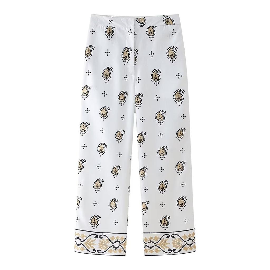 Loungewear Women Casual O Neck Long Sleeves Blazer+High Waist Straight Pants Summer Cashew Flower Embroidery Pants Set Sleepwear