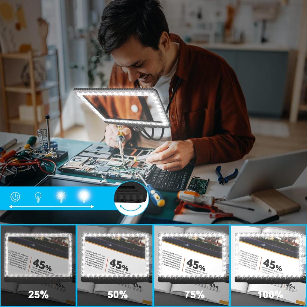 5X Hands Free Magnifying Glass with Light 43 Ultra-Bright LEDs, Large Page Magnifier for Reading, Flexible Gooseneck Magnifier for Neck Wear Repair