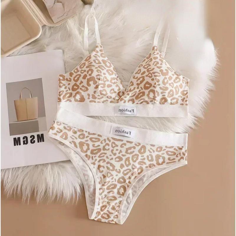Damen Nahtloses BH-Set Slips Tiefer Bund Leopard Bralette Lingerie-Set V-Ausschnitt Sport-BH Baumwolle Sexy Unterwäsche-Set