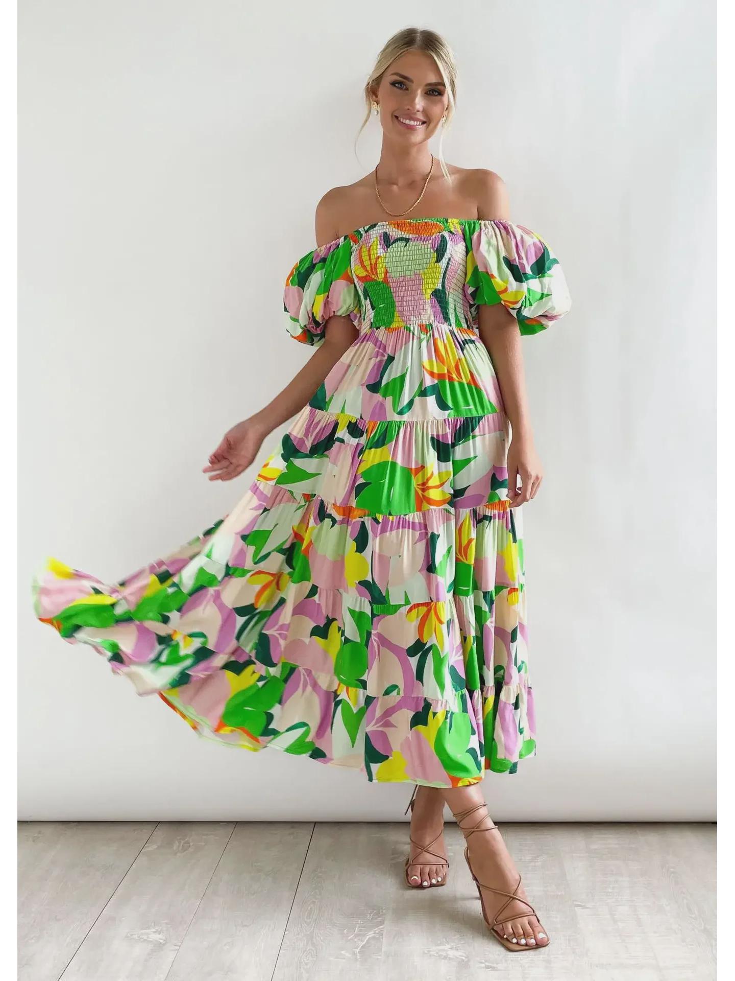 

Летнее платье 2024 года в европейском и американском стиле с одним плечом, пышными рукавами и высокой талией с принтом XL