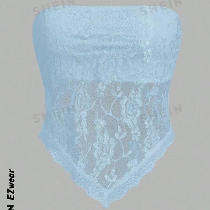 

European and American Fashion New Style Sexy Sexy Backless Lace All-Matching Slim Fit Tube Top Retro Tight-Fitting Solid Color Women s Clothing Tops Sky Blue XS