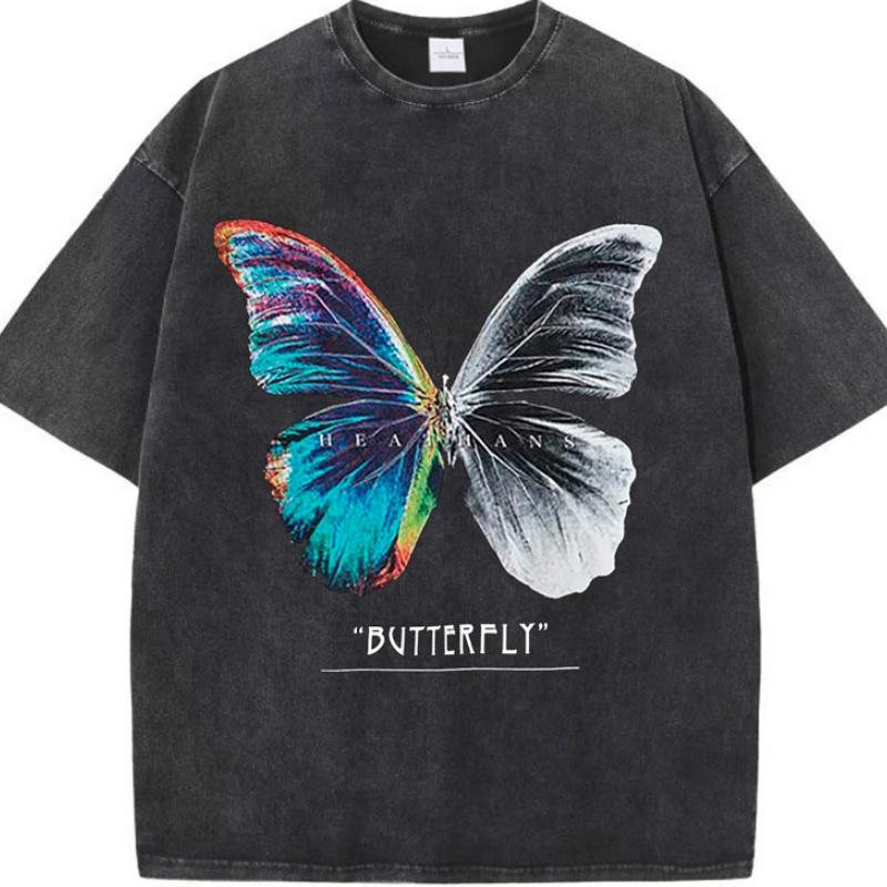 Vintage Washed Butterfly Print Tshirt BUTTERFLY Text Graphic Casual Streetwear Unisex Cotton Tee S