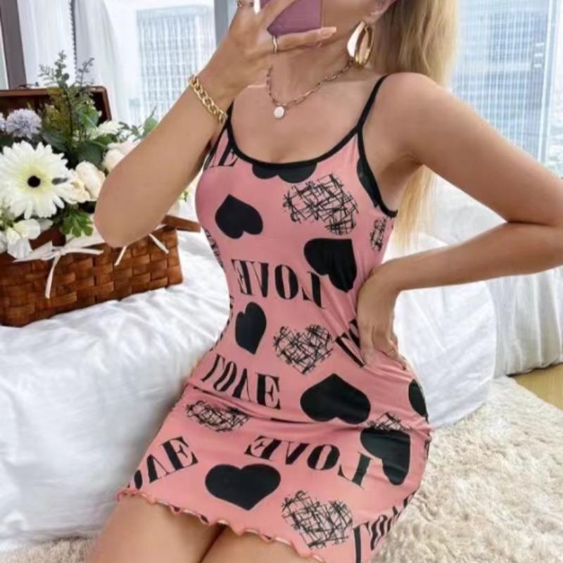 Vestaglia da notte sexy con spalline sottili e scollo a V da donna, camicia da notte estiva ampia in cotone, vestito da notte femminile con stampa carina, indumento da notte leggero