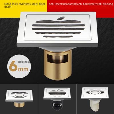 Stainless Steel Self-Sealing Floor Drain for Bathroom or Washer, 6cm Thick, Large Displacement, Square, Deodorizing Core.