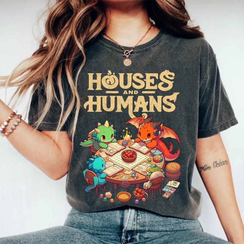 Vintage Houses and Humans D&D Shirt Retro 90s Dungeons and Dragons Tee Clothing Graphic Short Sleeve Shirt Men Women All-Season