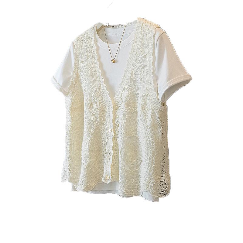 Elegant Plus Size Women's Floral Crochet T-Shirt and Vest Set - Korean Design