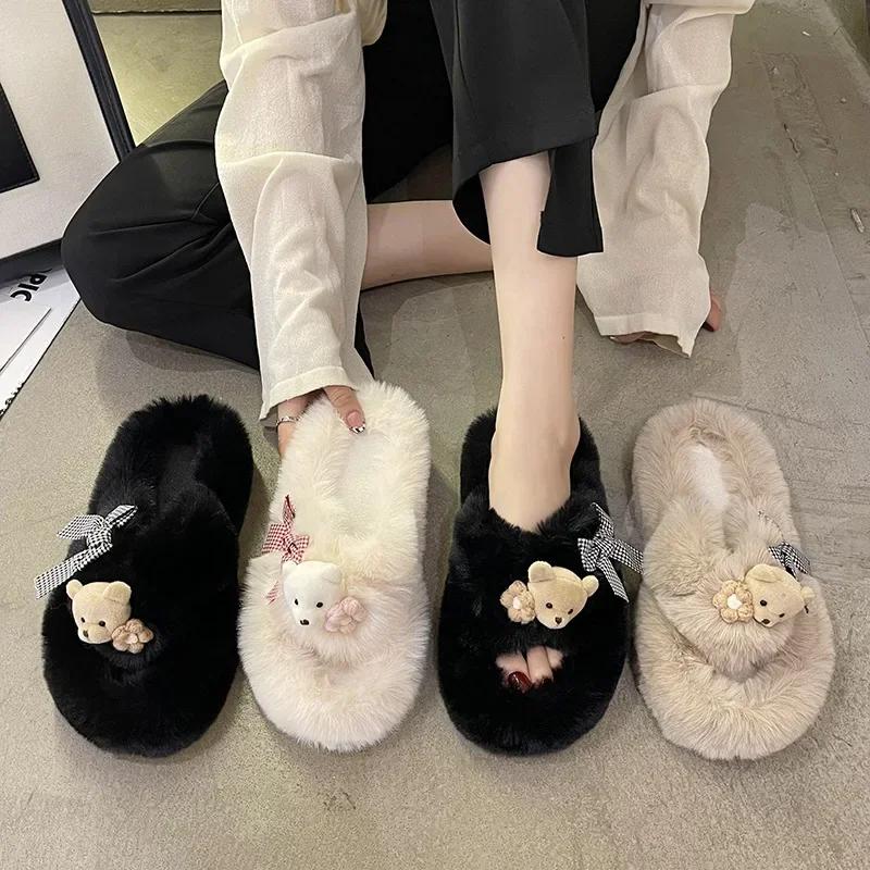 Papuci de Iarnă la Modă Femei Urs Drăguț Cruce Papuci cu Blană Pufoasă Diapozitive de Casă Platformă Plată Interior Podea Șlapi Femei Pantofi Dama88