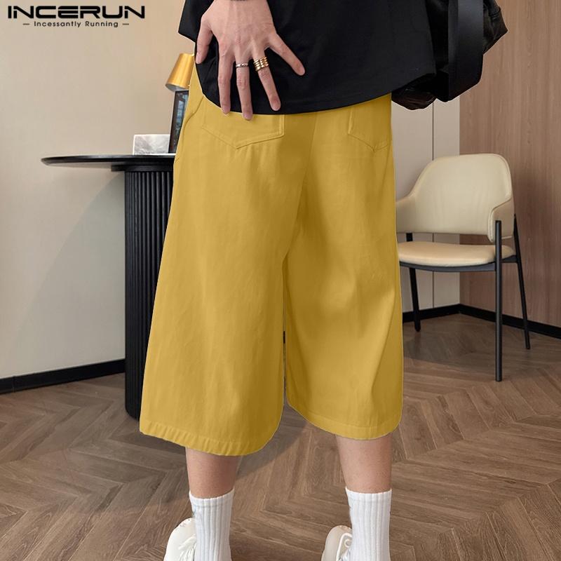 INCERUN Men Zipper Up Waist Pockets Casual Loose Cropped Pants Capri