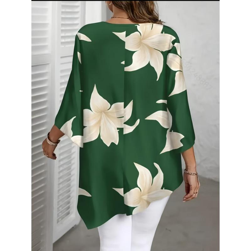 Large Size Print Is Irregular. Mid-length Sleeve Crew Neck Top