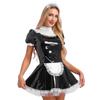 Damen Glänzendes Lackleder Dienstmädchenkleid Spitze Stirnband Rüschen Spitze Schürze Puffärmel Kleid