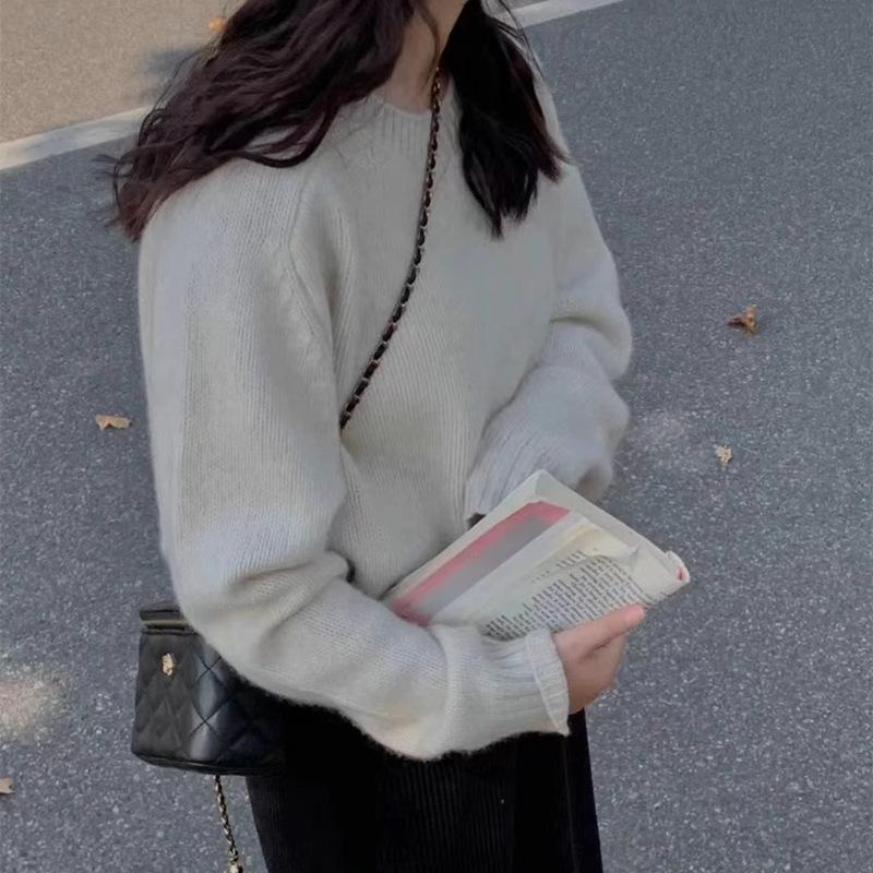 Gentle Retro Lazy Wind Solid Color Crew Neck Sweater Women's Autumn and Winter Women's Clothing Loose Pullover Soft Waxy Knitted Sweater Women