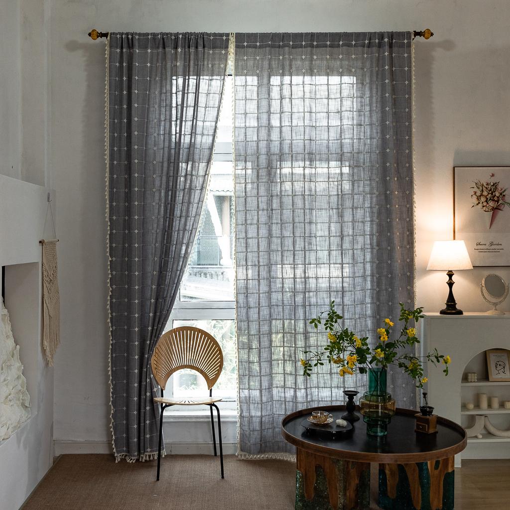Curtain Finished Grey Plaid Embroidered Farmhouse Decorative Blackout Half Curtain Bohemian Curtain