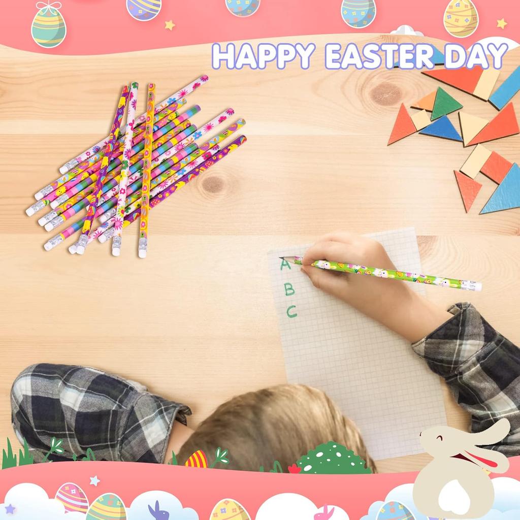 24 Pieces Easter Pencils for Kids Easter Pencil Bulk Holiday Wood Pencils with Erasers Cute Pencils for Easter Day Gifts Easter Party Favors